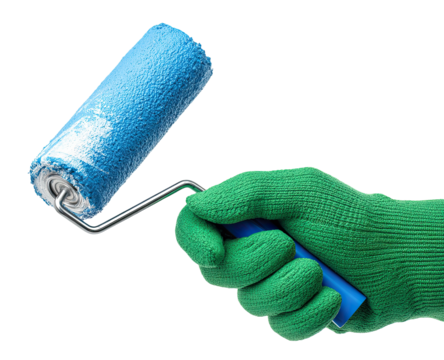 A hand in a green work glove holds a paint roller, covered in light blue paint - Powered by Adobe