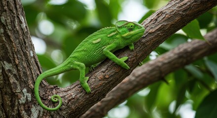 Fototapeta premium A bright green chameleon clings to a textured tree branch