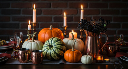 Autumnal table setting with pumpkins, candles, copper mugs and pitcher, berries Branch against brick wall background, showcasing warm, cozy Thanksgiving or fall ambiance