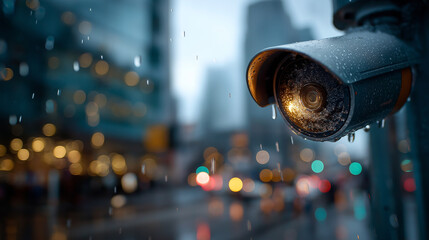 Security camera monitoring a busy city street on a rainy day, under soft urban light, highlighting sleek design and reflective surfaces, serene city scene, calm rainy lighting, wit