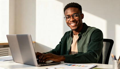 Cheerful black male freelancer with spectacles working on laptop in bright modern office. Young entrepreneur typing on computer, remote work, technology, business concept.