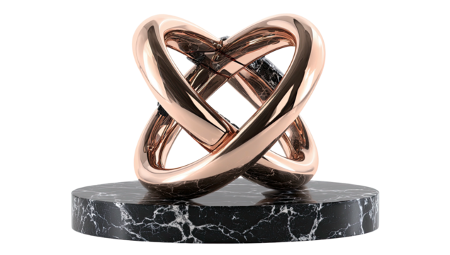 Rose gold intertwined rings on a black marble base