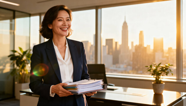 Successful Asian business woman in a modern office, holding documents. Confident female executive smiling in a skyscraper with a city skyline view at sunset. Career growth concept.
