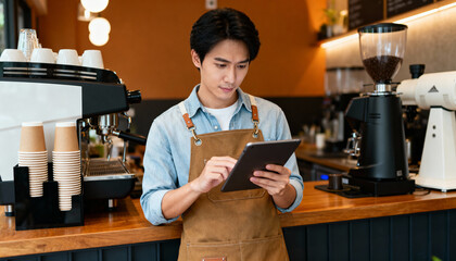 Young Asian male coffee shop manager using a tablet to manage inventory. Small business owner, entrepreneur at work in his cafe. Barista checking orders, modern technology concept.