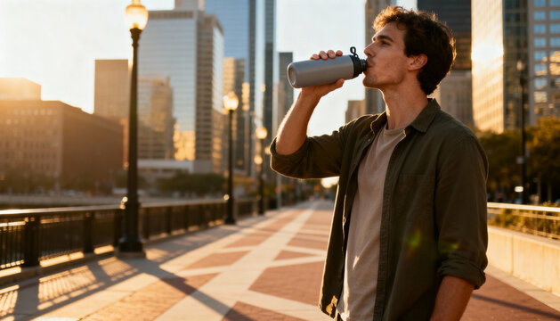 Young man hydrating from a reusable water bottle in a modern city at sunset. Concept of healthy urban lifestyle, wellness, fitness, refreshment, and sustainable living.