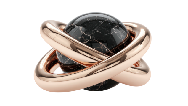 Ornate sphere encircled by rose gold rings