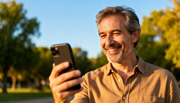 Mature handsome man smiling during a video call on his smartphone in the park. Happy middle-aged person using technology for communication and staying connected with family.