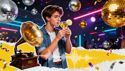 Young man enjoying cocktail in vibrant nightclub with vintage gramophone, disco balls, neon lights, and festive confetti party atmosphere collage