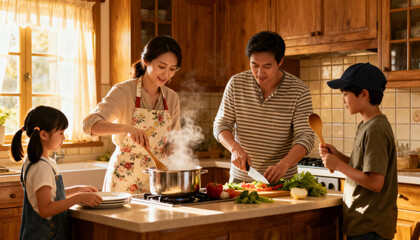 Happy Asian family cooking a healthy meal together in a sunny kitchen. Parents teaching kids about food. Concept of family bonding, togetherness, parenthood, and healthy lifestyle.