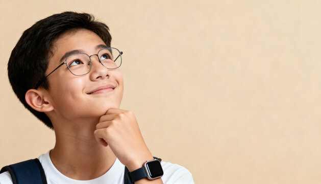 Thoughtful pensive Asian student boy in glasses looking up, dreaming about the future. Portrait of a happy, smart schoolboy imagining new creative ideas. Education and inspiration.