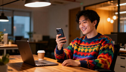 Smiling Asian freelancer in colorful sweater using smartphone at his desk in a modern office at night. Young creative professional connecting online with laptop and coffee.