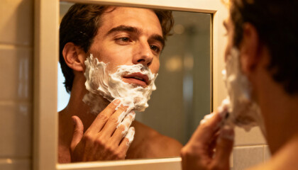 Man's morning grooming routine. Handsome man applying shaving foam cream in front of a mirror. Concept of male selfcare, hygiene, skincare, and daily preparation for the day.