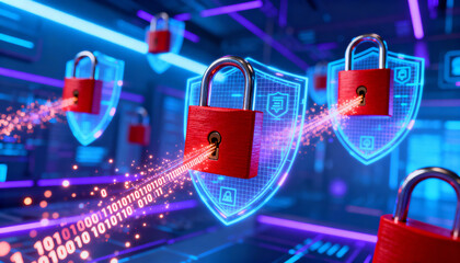 Cybersecurity concept with red padlock and glowing shield. Digital data protection and network security. Privacy information and internet technology. Binary code stream encryption.