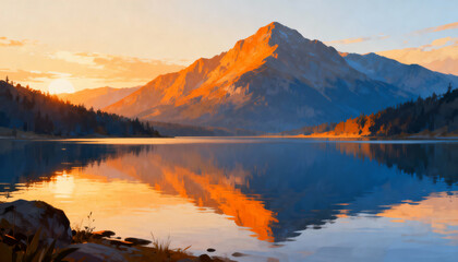 Mountain reflection in lake at sunrise. Golden light on peak. Serene alpine landscape with forest. Concept for travel, nature, tranquility, peace, environment, wilderness.