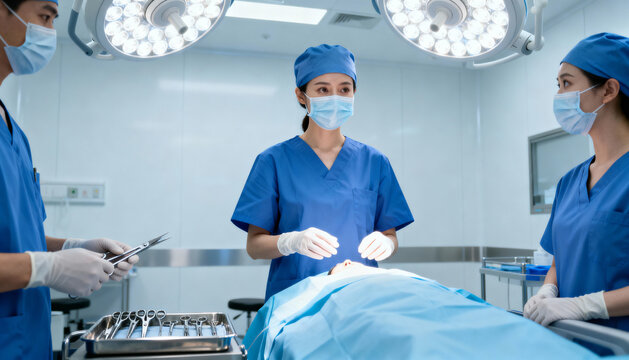 Professional team of surgeons with female lead doctor performing surgical operation in a modern hospital operating room. Medical concept of healthcare, teamwork, and patient care.