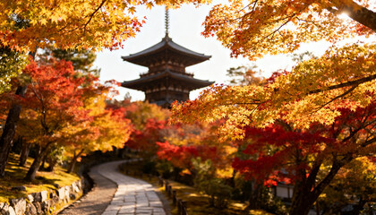 Scenic view of Tofukuji temple in Kyoto, Japan. Famous pagoda framed by beautiful autumn foliage. Japanese maple trees with vibrant red and yellow leaves in fall season.