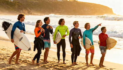 Group of happy diverse friends surfers walking on the beach with surfboards at sunset. Active team lifestyle, summer vacation adventure and water sports concept. Young people enjoy freedom