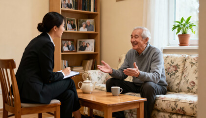 Happy senior asian man talking to a female financial advisor, social worker or therapist during a home visit. Concept for elderly care, support, consultation, and mental health.