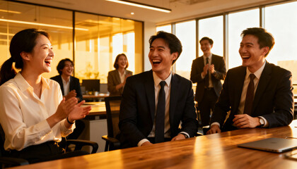 Happy Asian business people laughing and clapping in a modern office with warm light. Corporate success, teamwork concept. Professionals celebrating achievement and victory in a meeting.