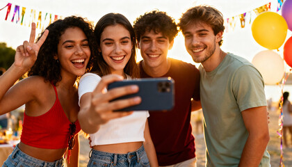 Happy friends taking selfie at party. Group of multiethnic young people celebrating together. Fun outdoor summer celebration with smartphone. Youth lifestyle and friendship concept.