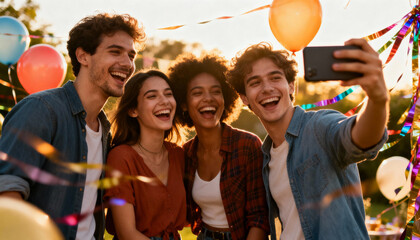 Group of joyful friends taking selfie together at colorful outdoor birthday party celebration with balloons and festive decorations on sunny day