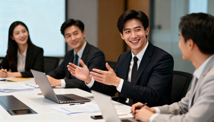 Happy young Asian businessman smiling, presenting and discussing ideas in a modern office meeting with diverse coworkers, collaboration, teamwork concept