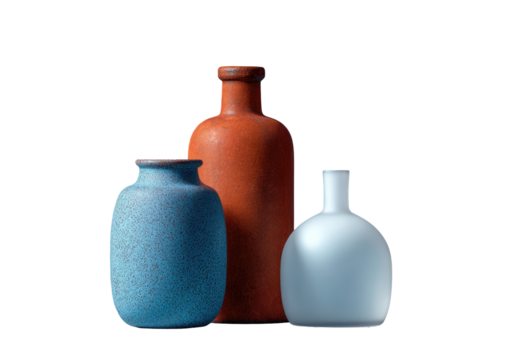 Three ceramic bottles in terracotta, teal, and frosted white