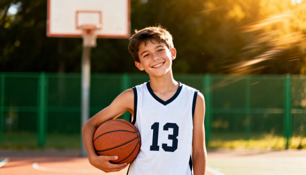 Confident smiling teen boy basketball player holding ball on outdoor court at sunset. Portrait of a happy young athlete in sportswear ready for the game. Healthy active lifestyle.