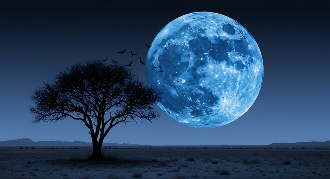 Night scene with tree silhouette and large blue moon illustration