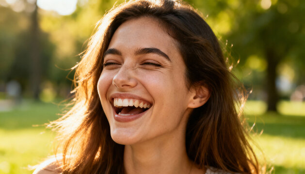 Joyful young woman laughing outdoors with natural sunlight, happy smiling female portrait, carefree lifestyle, healthy skin, happiness in park setting on sunny day