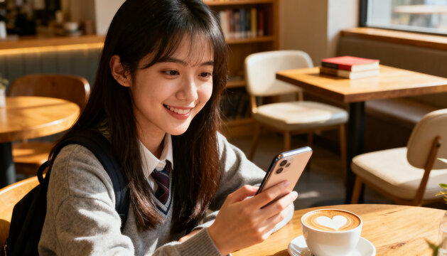 Happy Asian female student using smartphone in cozy coffee shop with latte art heart, casual study break, young woman smiling and relaxing indoors, education and lifestyle concept - Powered by Adobe