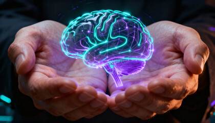 Human hands holding glowing digital brain with neural network connections, futuristic neural technology, artificial intelligence concept of human brain power and data visualization in palms
