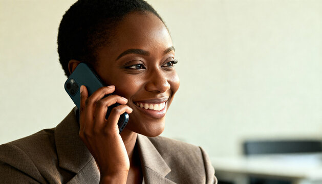 Smiling african american businesswoman having a positive business conversation on her mobile phone. Successful female entrepreneur concept. Professional communication and technology.