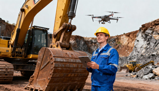 Engineer in a quarry using a drone and tablet for surveying. Technology in the mining industry for site inspection and data collection with heavy machinery like excavators.