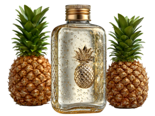 3D golden pineapple tonic in engraved clear bottle with metallic cap and fruit crown logo, tropical elegance, isolated on transparent background with no shadow