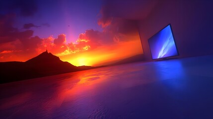 Stunning sunset over mountains modern living room digital art serene atmosphere perspective