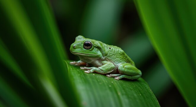 A green tree frog sits on a broad green leaf