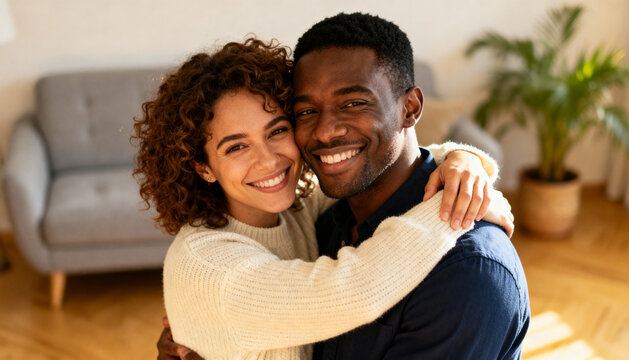 Happy loving mixed-race couple embracing and smiling warmly at home, cozy indoor lifestyle, intimacy, affection, joy, diverse relationship, modern apartment setting
