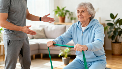 Elderly woman exercising with green resistance band at home, senior fitness training, physical therapy assistance, healthy active lifestyle concept, rehabilitation and wellness indoors