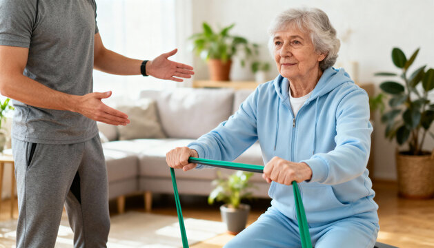 Elderly woman exercising with green resistance band at home, senior fitness training, physical therapy assistance, healthy active lifestyle concept, rehabilitation and wellness indoors