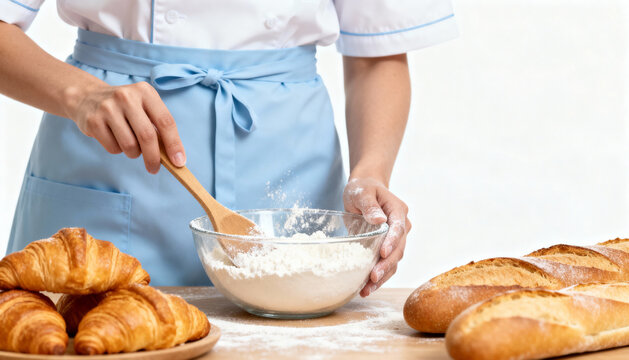 Female baker stirring flour in glass bowl, preparing dough with fresh croissants and baguettes on wooden table, baking process, culinary artisan in blue apron on white background