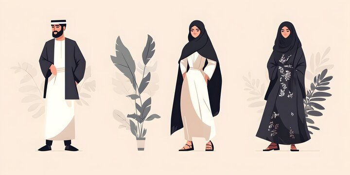 AI image: Elegant Arab Couple in Traditional Attire with Hijab and Plants for Design Projects