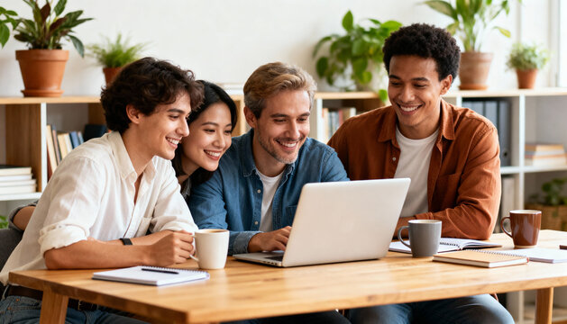 Diverse young coworkers smiling and collaborating together on laptop in modern cozy office with plants and notebooks, teamwork and productivity concept
