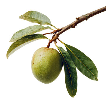 Png of closeup of a green imbu fruit hanging from a branch with leaves isolated on transparent background