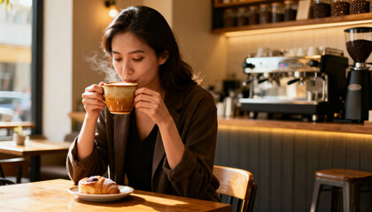 Woman enjoying hot coffee and fresh pastry in cozy modern coffee shop interior, relaxing cafe moment with warm lighting and espresso machine background
