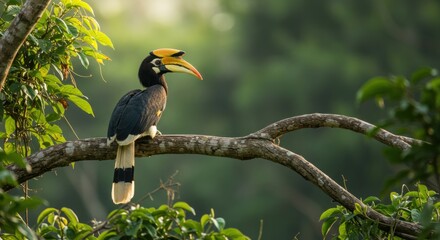 A hornbill perches on a tree branch in lush greenery
