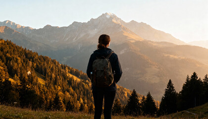 Female traveler with backpack enjoying scenic mountain and forest landscape, autumn nature hiking adventure at golden hour in peaceful wilderness