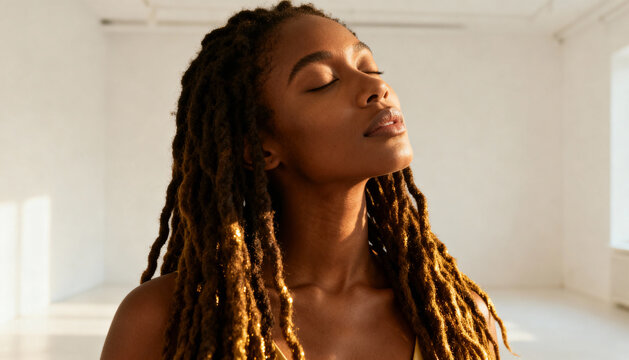 Serene African American woman with dreadlocks relaxing with eyes closed in sunlight. Concept of mindfulness, meditation, self-care, mental health, tranquility, and inner peace.