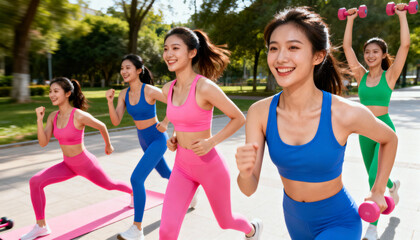 Group of fit young Asian women in vibrant sportswear exercising outdoors. Happy friends running, doing lunges and lifting dumbbells in a park. Healthy lifestyle and wellness.