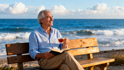 Senior man enjoying peaceful retirement by the ocean, relaxing on wooden bench with tea and book during sunny beach vacation, calm sea and blue sky